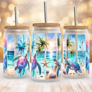 Turtles 16oz glass can sublimation design Ocean beach Sunset Summer life Glass can wrap PNG Waterslide Template Digital download