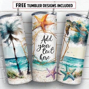 Summer 20 oz skinny tumbler sublimation design Add text /name blank Sea beach Turtle Starfish digital PNG Straight wrap Waterslide download