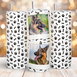 Dog photo frame 20 oz skinny tumbler sublimation design Pet paws Dog lover 2 Pictures digital PNG Straight wrap Waterslide download