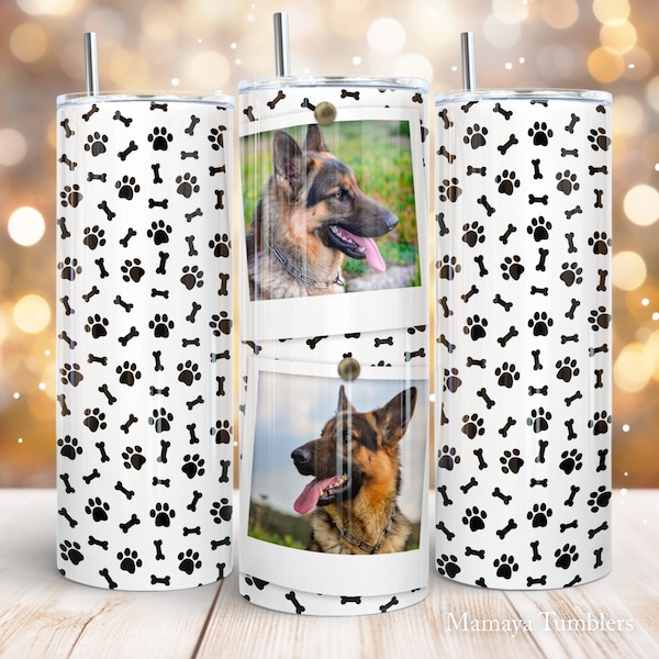 Dog photo frame 20 oz skinny tumbler sublimation design Pet paws Dog lover 2 Pictures digital PNG Straight wrap Waterslide download