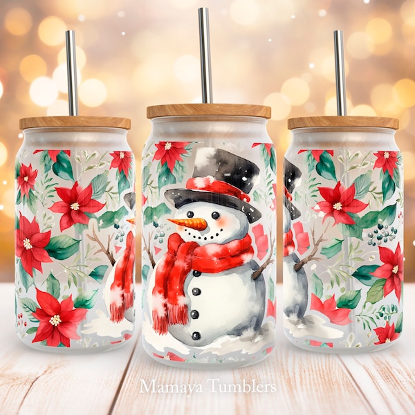 Snowman 16oz glass can sublimation design Christmas flowers Holiday Poinsettia Glass can wrap PNG template download