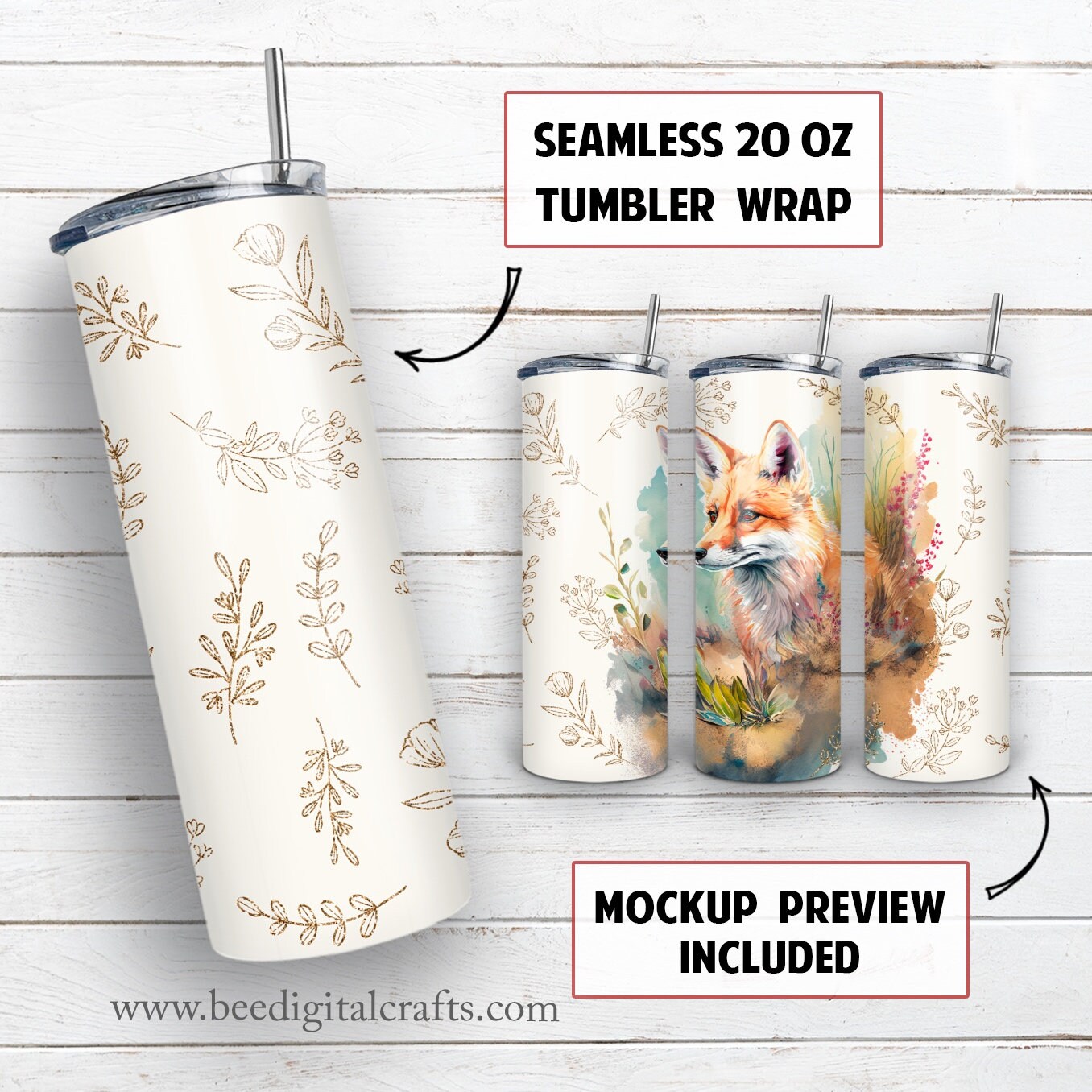 Fox 20 Oz Skinny Tumbler Sublimation Design Boho Gold Plants Wild ...
