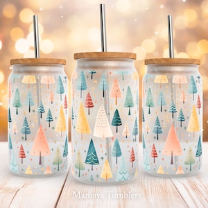 Christmas trees 16oz glass can sublimation design Pine tree Winter Holiday Glass can wrap PNG Digital download