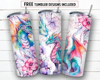 Dragon 20oz skinny tumbler sublimation design Fairy animal Flowers digital PNG Straight wrap Waterslide download