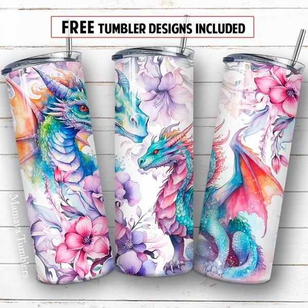 Dragon 20oz skinny tumbler sublimation design Fairy animal Flowers digital PNG Straight wrap Waterslide download