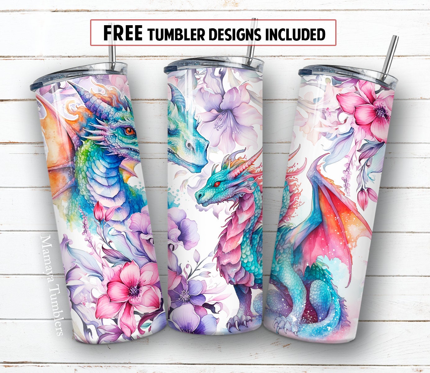 Dragon 20oz skinny tumbler sublimation design Fairy animal Flowers digital PNG Straight wrap Waterslide download