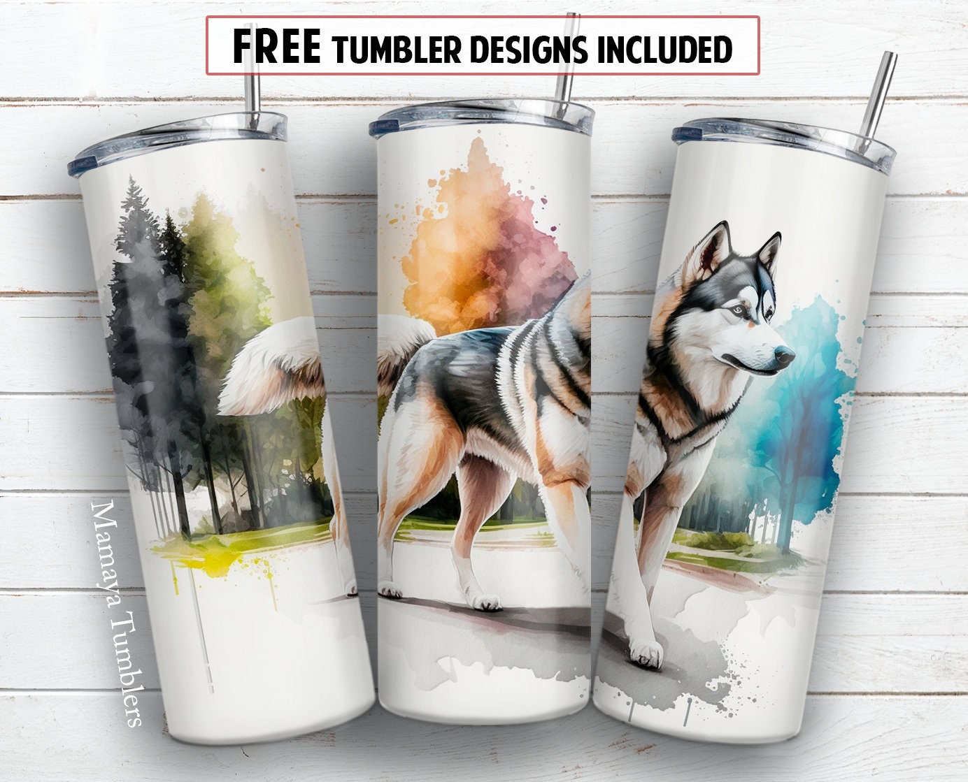 Husky dog 20 oz skinny tumbler sublimation design Watercolor pet lover digital PNG Straight wrap Waterslide download