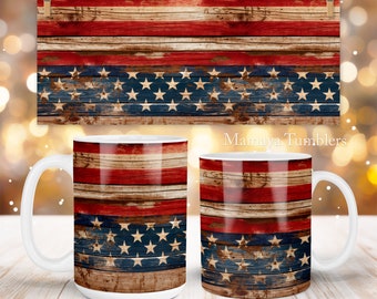 Diseño de sublimación de taza de América Bandera de EE. UU. Madera rústica patriótica 11oz 15oz plantilla de taza de café Wrap PNG Descarga digital