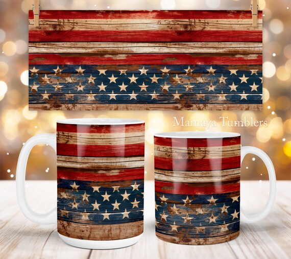 America mug sublimation design USA flag Patriotic rustic wood 11oz 15oz coffee cup template Wrap PNG Digital download