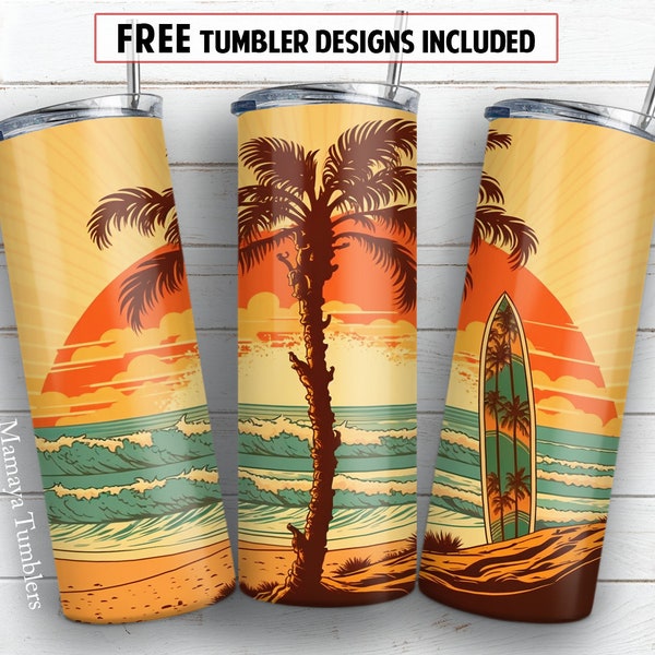 Sunset at the beach 20 oz skinny tumbler sublimation design Retro Surf board Palm tree Ocean digital PNG Straight wrap Waterslide download