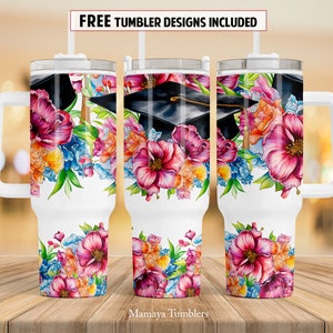 Graduation cap flowers 40 oz Quencher tumbler sublimation design College Watercolor floral digital PNG wrap Waterslide download