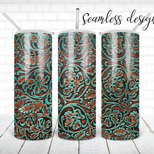 May include: Three stainless steel tumblers with a decorative embossed leather design. The design features a brown background with turquoise and orange floral patterns. Each tumbler has a straw and the words "Seamless design" are written in black script.