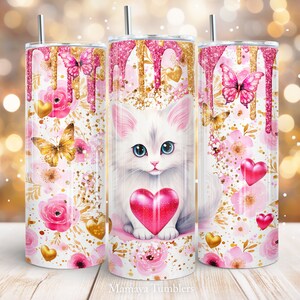 Valentine Day Cat 20 oz skinny tumbler sublimation design Animal Love Heart Butterfly Floral Straight wrap PNG Waterslide Digital download