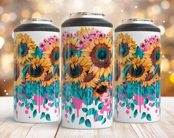 Girasoles 4 en 1 puede enfriar diseño de sublimación Pink aqua Flowers wrap template Descarga digital PNG recto