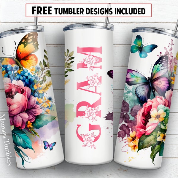 Gram 20 oz skinny tumbler sublimation design Flowers butterfly Seamless Watercolor floral digital PNG Straight wrap Waterslide download