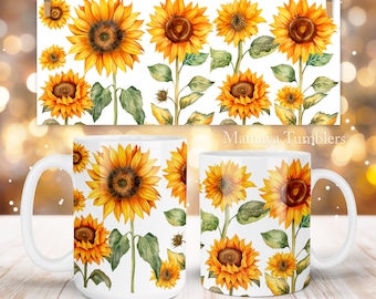 Sonnenblumen Becher Sublimationsdesign Blumen Floral 11 Unzen 15 Unzen Kaffeetasse Vorlage Wrap PNG Wasserschiebefolie Digitaler Download
