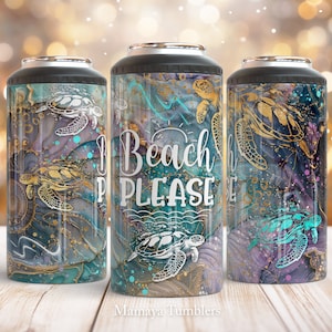 Könnte beinhalten: Drei Edelstahlbecher mit einem teal-, lila- und goldfarbenen Marmormuster. Jeder Becher zeigt eine weiße Silhouette einer Meeresschildkröte und den Text "Beach Please".