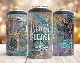 Beach please 4 in 1 can cooler sublimation design Summer quote Turtle Sea shell Glitter Straight can cooler wrap Digital design PNG