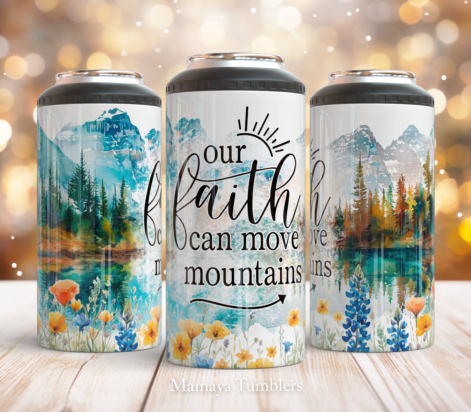 Our faith can move mountains 4 in 1 can cooler sublimation design Flowers Christian Inspirational can cooler wrap Digital design Staight PNG