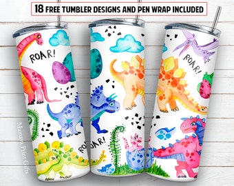 Dinosaur tumbler PNG design Watercolor dino 20oz and 30oz skinny tumbler STRAIGHT digital wrap + Epoxy pen wrap design