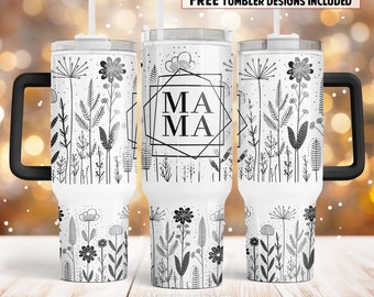 Mama 40oz Quencher tumbler sublimation design Black flowers digital PNG wrap Waterslide download