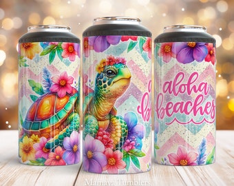 Aloha beaches 4 in 1 can cooler sublimation design Summer qoute Turtle flowers Funny Ocean beach Straight can cooler wrap Digital design PNG
