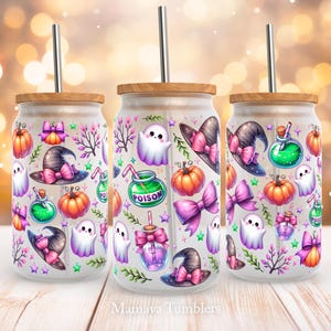 Halloween 16oz glass can sublimation design Witch Bow Coquette Ghost Pumpkin Poison Fall Glass can wrap PNG Digital download