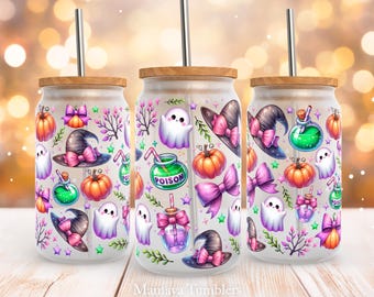 Halloween 16oz glass can sublimation design Witch Bow Coquette Ghost Pumpkin Poison Fall Glass can wrap PNG Digital download