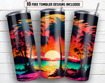 Verano 20 oz diseño de sublimación de vaso delgado Ocean beach sunset Palm digital PNG Envoltura recta Descarga de tobogán acuático