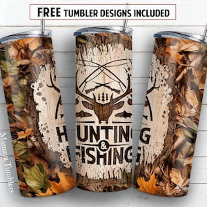 Hunting & fishing 20oz skinny tumbler sublimation design Camo nature wood Deer Seamless digital PNG Straight wrap Waterslide download