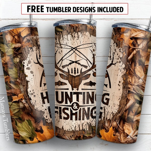 Hunting & fishing 20oz skinny tumbler sublimation design Camo nature wood Deer Seamless digital PNG Straight wrap Waterslide download