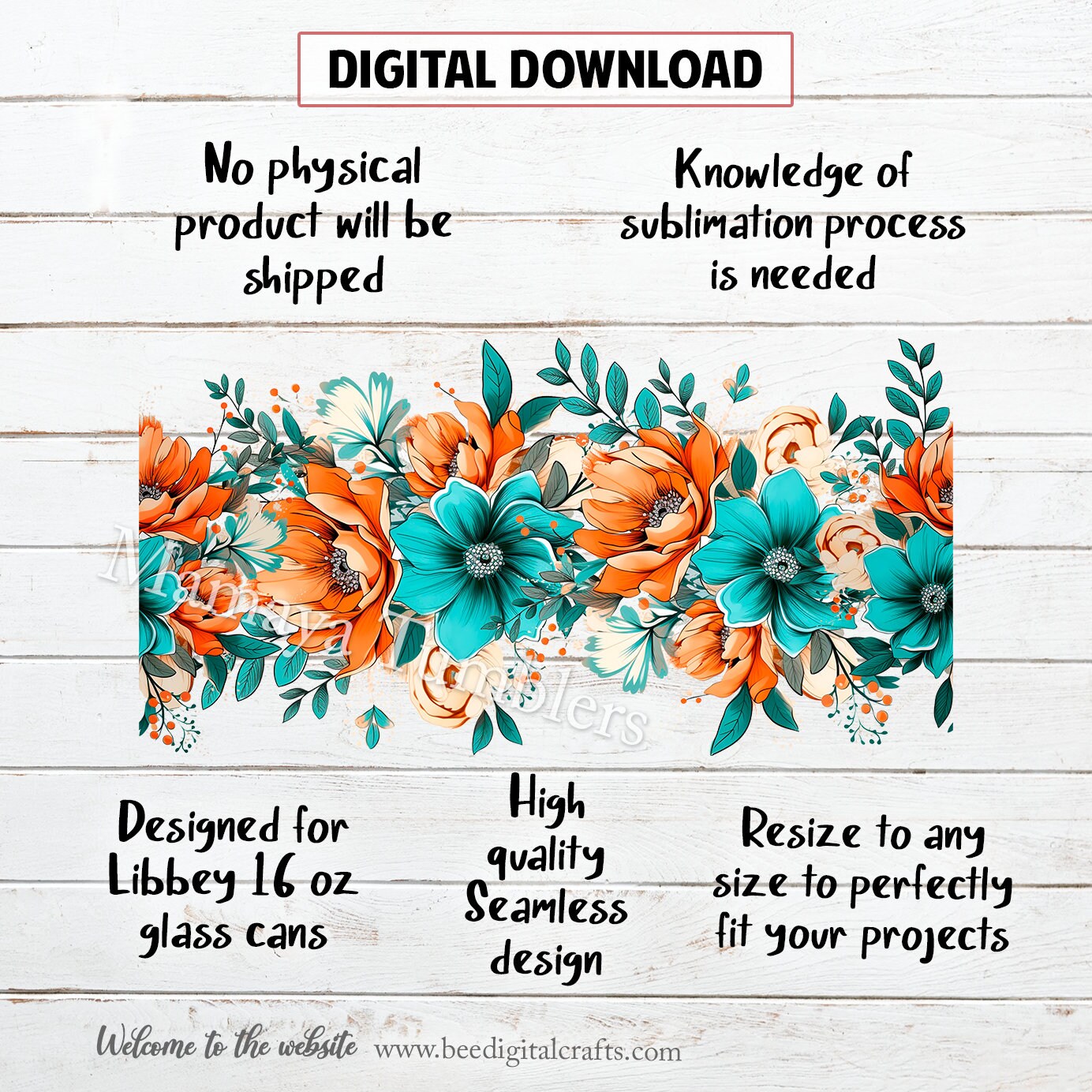 Boho Flowers 16oz Glass Can Sublimation Design Aqua Floral Mom Grandma ...