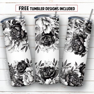 Schwarze Pfingstrose 20 oz Skinny Becher Sublimation Design Gothic Blumen Digital PNG Gerade Wrap Wasserschiebe Download