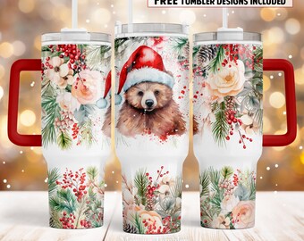 Christmas deer 40oz Quencher tumbler sublimation design Cute animal in Santa's hat Flowers pine tree digital PNG wrap Waterslide download