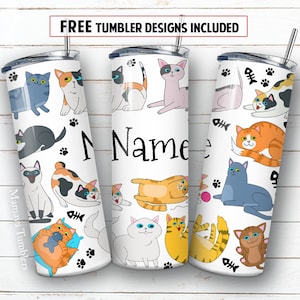 Cat name blank 20oz skinny tumbler sublimation design Pet lover Kitten digital PNG Straight wrap Waterslide download