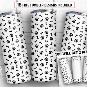 Dog paws and bones 20oz skinny tumbler sublimation design Add text and name blank digital PNG Straight wrap Waterslide download