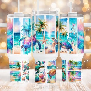 Schildkröte 40 Unzen Quencher Becher Sublimationsentwurf Sonnenuntergang am Strand Sommerleben PNG wrap Wasserrutsche Digitaler Download