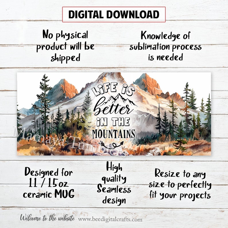 Pode incluir: Download digital de uma ilustra&ccedil;&atilde;o em aquarela de montanhas e &aacute;rvores com o texto "Life is better in the mountains". Projetado para canecas de cer&acirc;mica de 11 ou 15 on&ccedil;as.