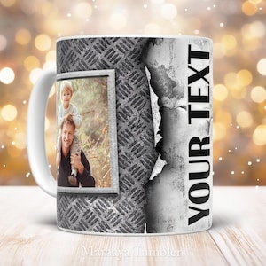 May include: White ceramic mug with a diamond plate pattern and a framed photo of a man and child. The mug has the text "YOUR TEXT" in large black letters on the side.