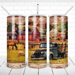 Farm life tumbler PNG design Rustic wood 20 oz skinny tumbler STRAIGHT digital wrap