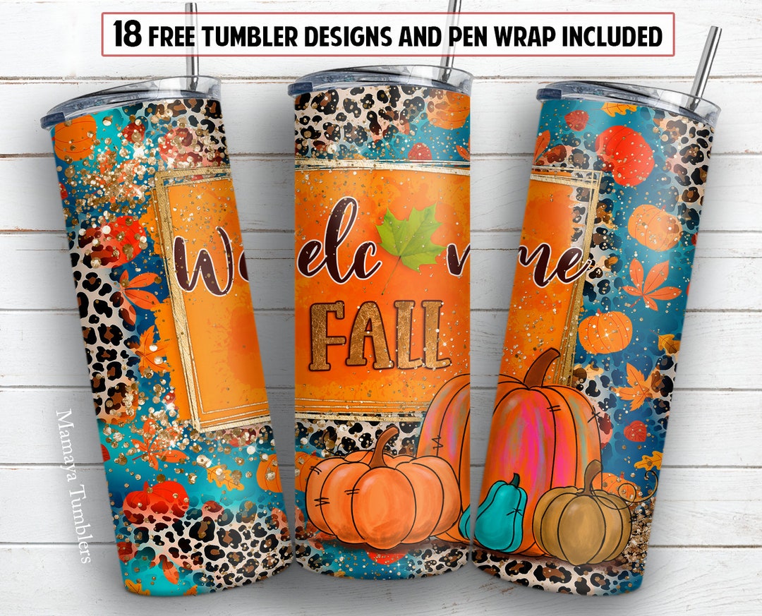 20 Oz Skinny Tumbler Sublimation Design Welcome Fall Leopard Pumpkin ...