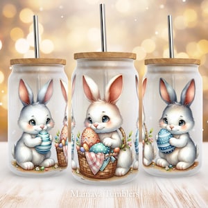 Easter bunny 16oz glass can sublimation design Spring Glass can wrap PNG Digital download