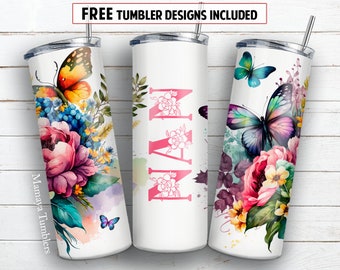 Nan 20 oz skinny tumbler sublimation design Flowers butterfly Seamless Watercolor floral digital PNG Straight wrap Waterslide download