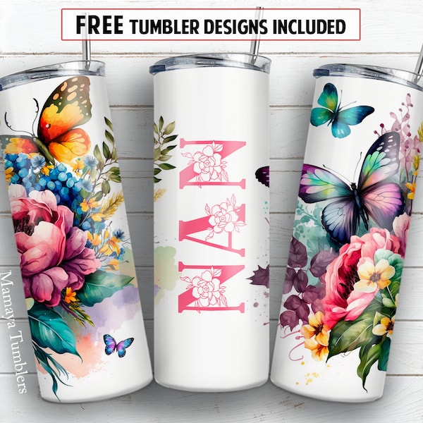 Nan 20 oz skinny tumbler sublimation design Flowers butterfly Seamless Watercolor floral digital PNG Straight wrap Waterslide download