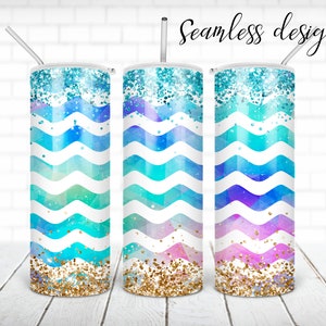 Seamless glitter ocean wave tumbler PNG diseño Playa de verano 20 oz skinny tumbler ENVOLTURA DIGITAL RECTA