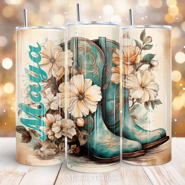 Cowgirl boots 20 oz skinny tumbler sublimation design Western Aquamarine Flowers Seamless digital PNG Straight wrap Waterslide download