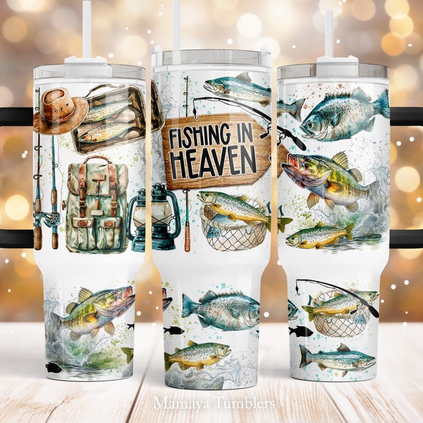 Fishing in heaven 40oz Quencher tumbler sublimation design Memorial Bass Fish PNG wrap Waterslide Digital download