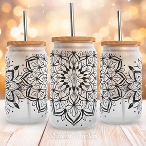 Mandala 16oz glass can sublimation design Black and white floral Glass can wrap PNG wrap download