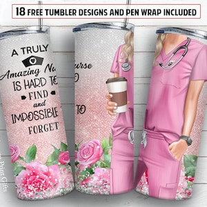Nurse 20 oz skinny tumbler sublimation design Glitter flower medical digital PNG design + 30 oz tumbler and Epoxy pen wrap design