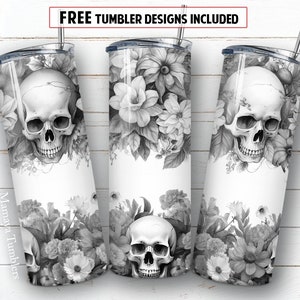 Black and white skull flower 20 oz skinny tumbler sublimation design Skeleton floral Seamless digital PNG Straight wrap Waterslide download